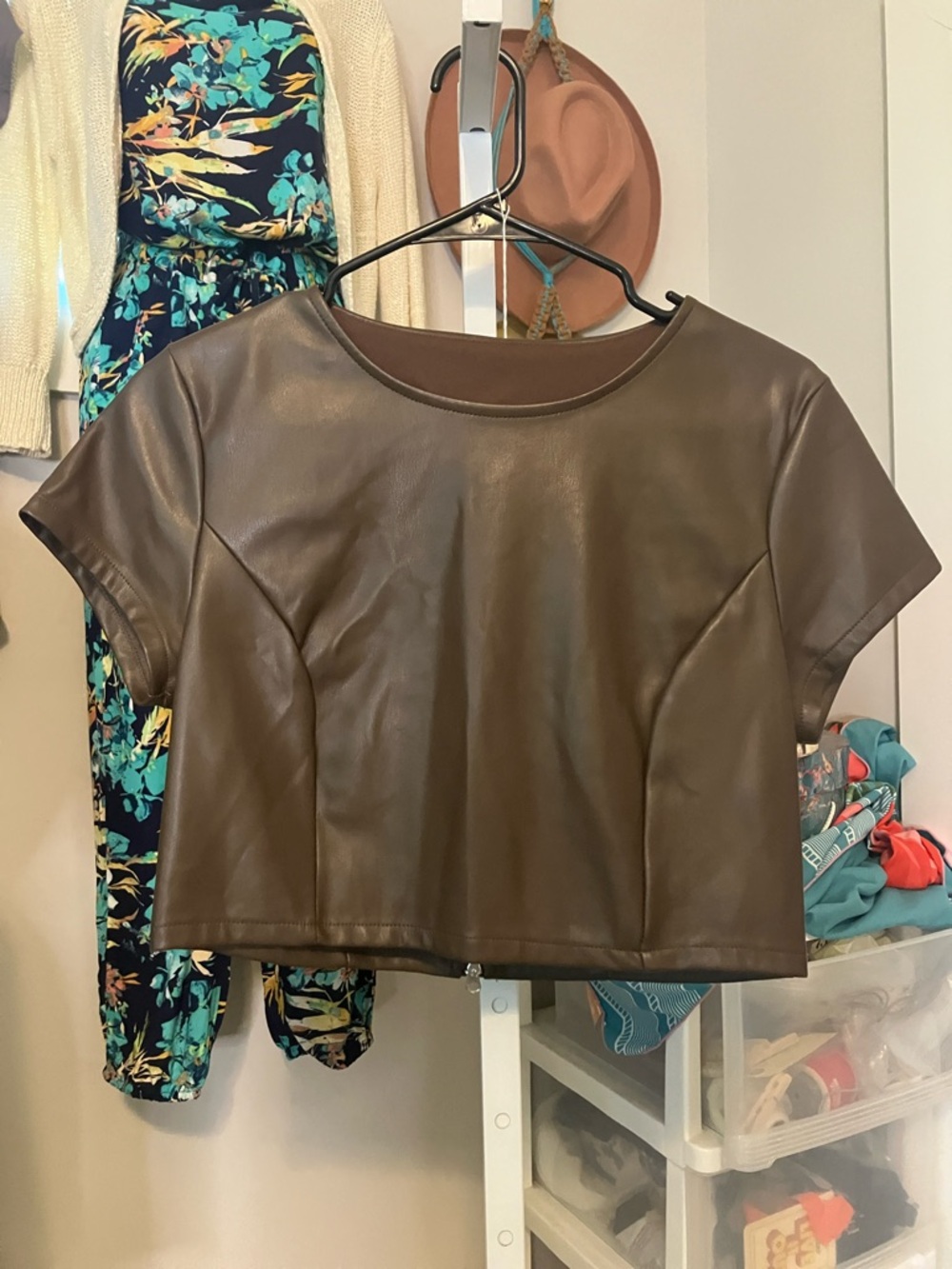 Women's Brown Faux Leather Crop Top - Short Sleeve